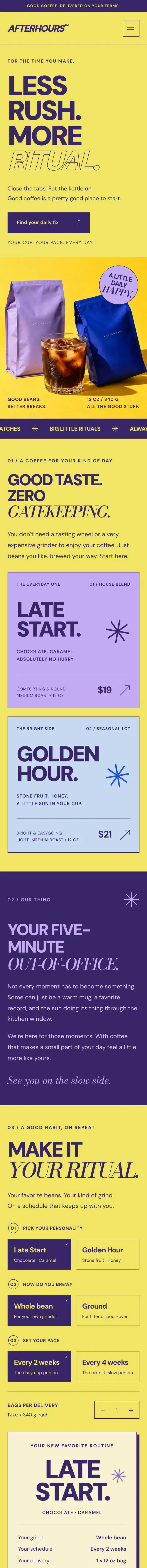 The Afterhours coffee subscription page on a phone, scrolling