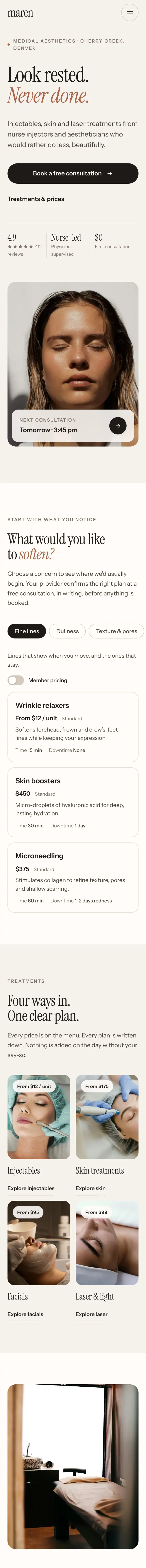 The Maren med spa page on a phone, scrolling