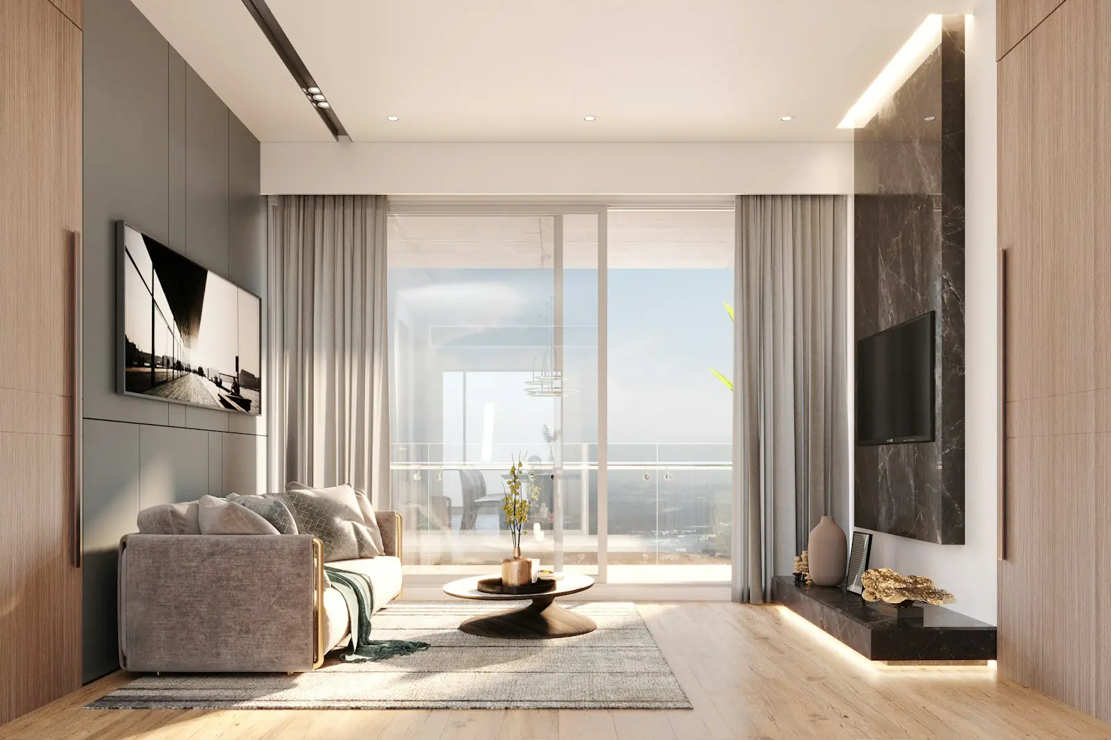 A bright living room with a curved sofa and floor-to-ceiling glass opening onto a terrace